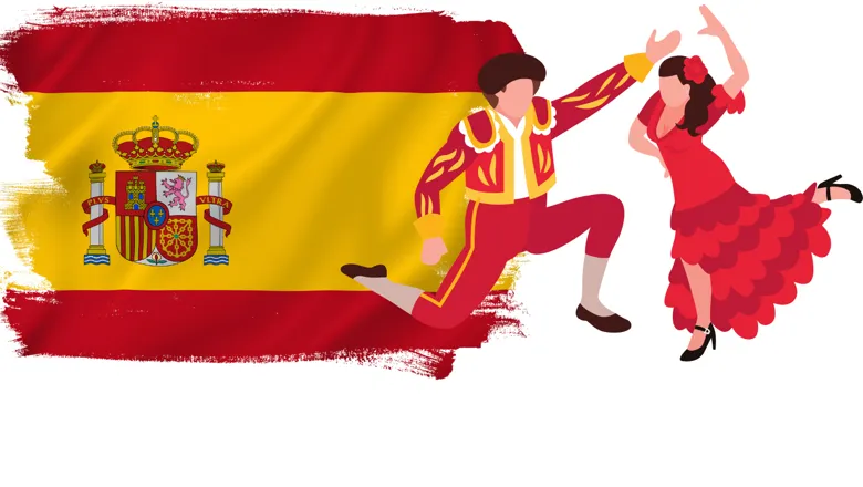 Man and women dressed up in Red Dancing in front of Spainish Flag in Harmony 