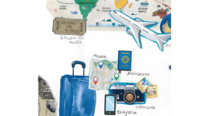 Drawings of travel-related items and their translation in Portuguese