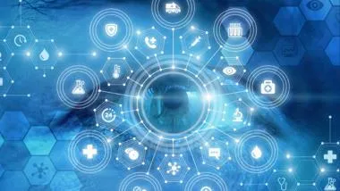 Health icons connected with lines against a light blue background