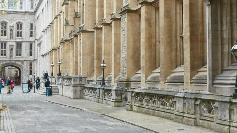 The outside arch view of the Maughan Library.