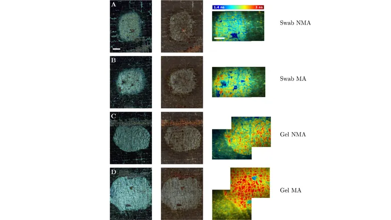 (L-R) Varnish removal imaged by UV, visible light, and average fluorescence lifetime on the same painting. Red represents areas where varnish has been removed well, whereas yellow/green indicates residual varnish on the surface of the image.