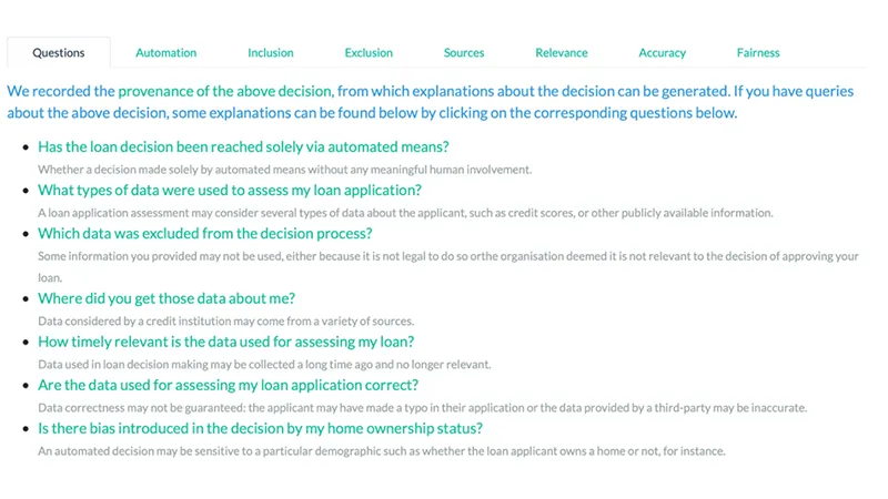 List of example responses to possible questions that the provenance model returns