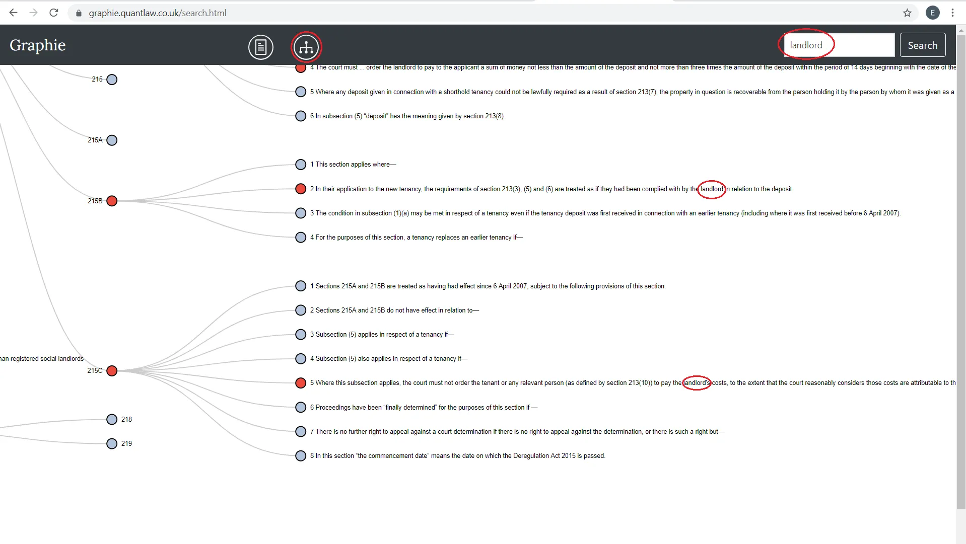 The Tree View of the platform provides a hierarchical network representation of the Act, following its structure (e.g. Parts, Chapters) by expanding nodes. The search box function enable users to navigate through the text through identification of key words. 