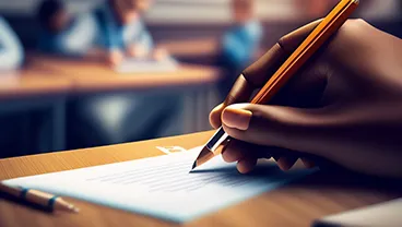 An AI-generated image of a hand holding a pencil above a notepad