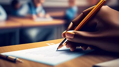An AI-generated image of a hand holding a pencil above a notepad