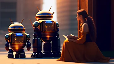 An AI-generated image of two robots approaching a woman reading a book