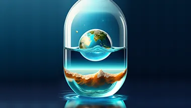 An AI-generated image of Earth floating in a bottle
