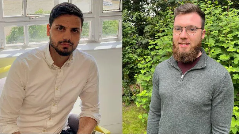 image collage of two men one sitting one standing