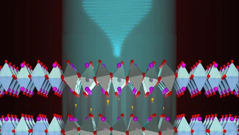  A laser pulse hits the La2CuO4 (LCO, lanthanum copper oxide) crystal