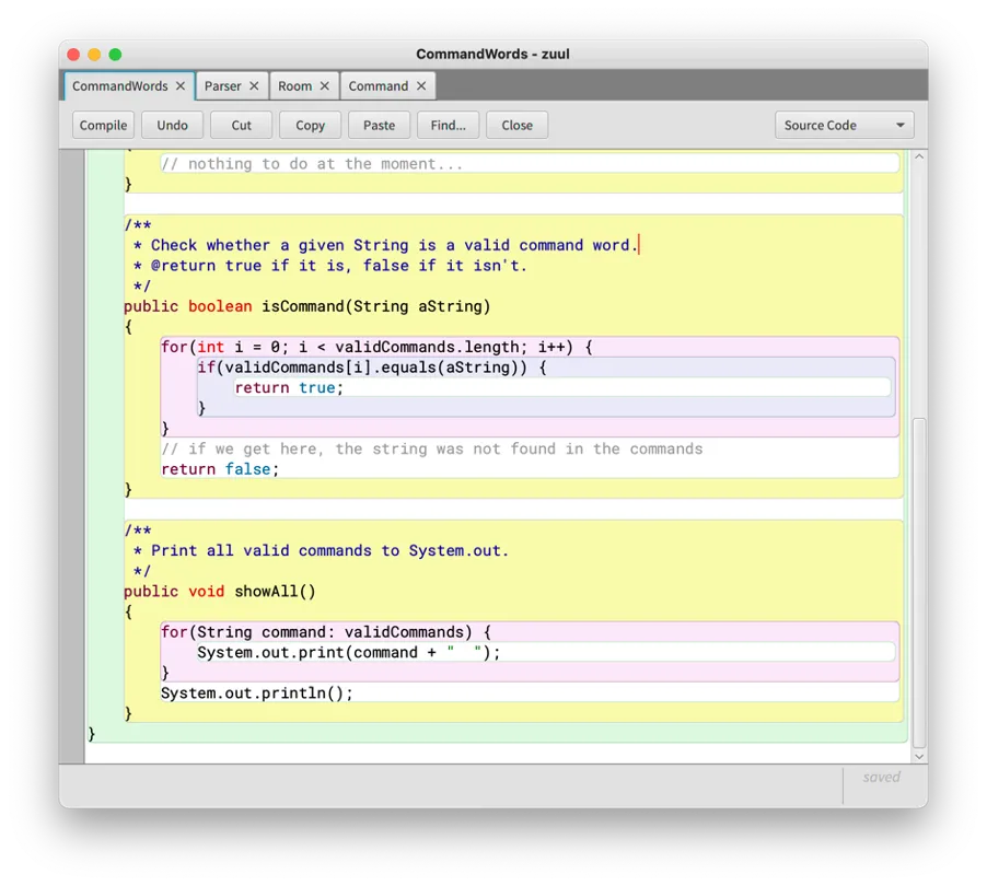 Figure 2: Screenshot of BlueJ’s editor window. Colour highlighting separates code blocks, which makes the identification of errors much easier.