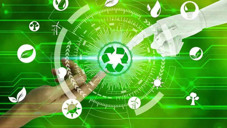 image of human hand and robot hand with sustainability symbols