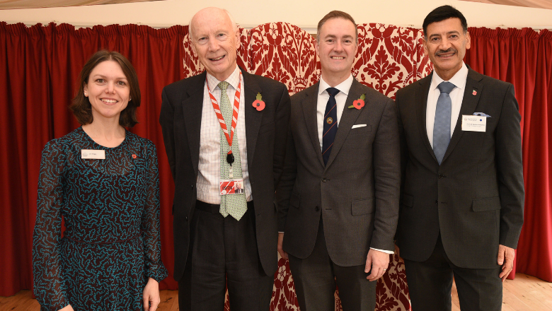 A posed photo of Lord Robert Mair, Chris McDonald MP, Professor Sir Bashir M. Al-Hashimi and Jo Trigg