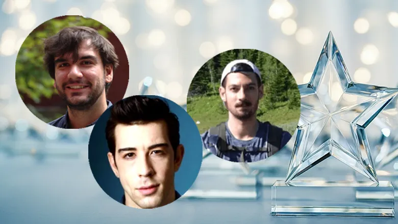 Circular photos of three men (L-R) David Watson, Christos Skamniotis and Matteo Tanzi on a background showing an award