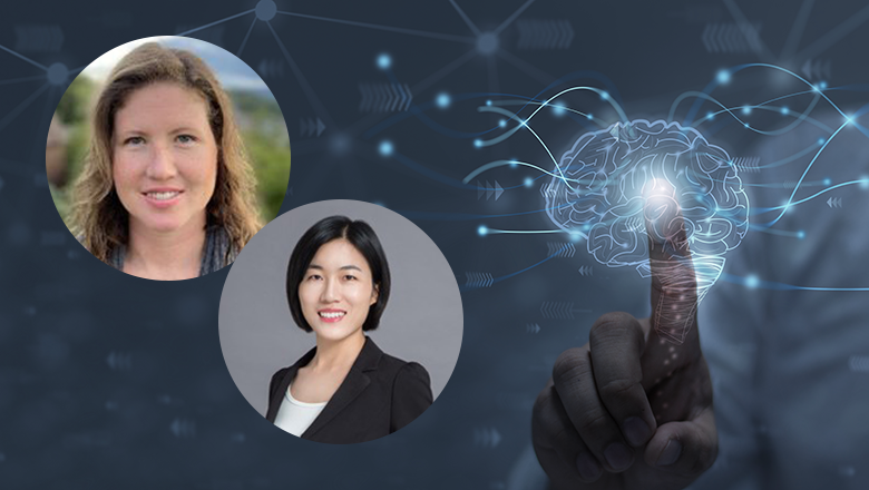 Caitlin Bentley (L) and Yali Du (R) on a grey background with a brain