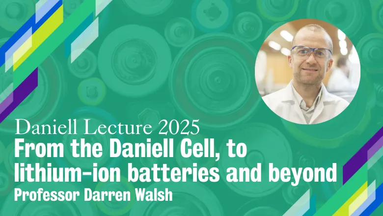 An illustration of batteries, with a portrait photograph of Professor Darren Walsh superimposed on top in a circle cutout