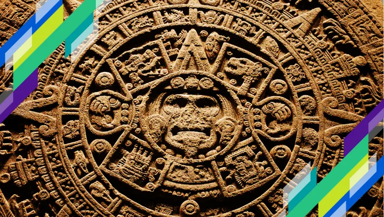 An image of an ancient Mayan Calendar, carved into stone