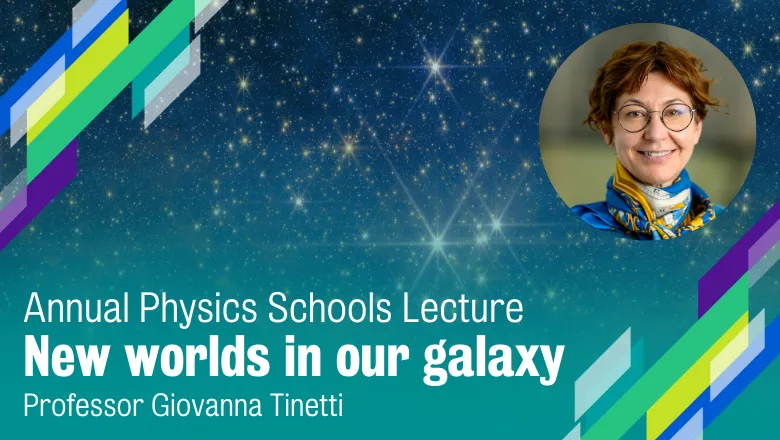 A starry background with a photo of professor Giovanna Tinetti superimposed on top, and the title of the event