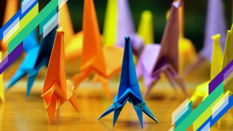 A photograph of colourful paper origami models