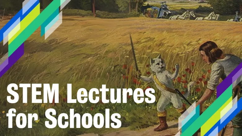 an illustration of puss in boots in a field holding a sword, overlaid with the text 'stem lectures for schools'