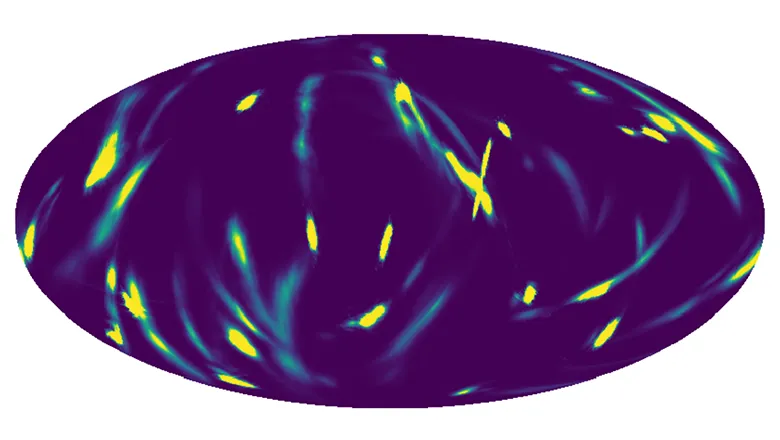Combined sky map of confident LIGO gravitational-wave detections of black-hole mergers.