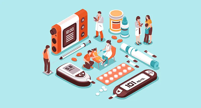 Illustration of medicines and equipment related to diabetes