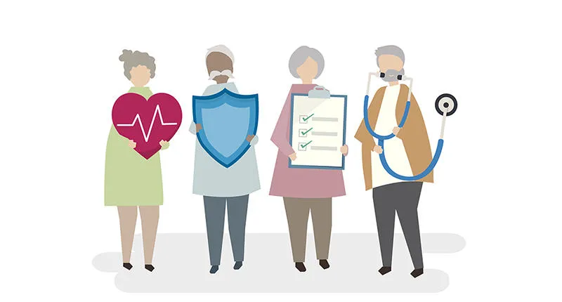 Illustration of older people holding health-related items