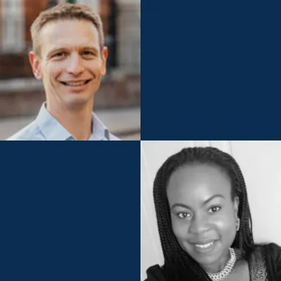 Headshots of Ian Simcock and Queen Adeyanju