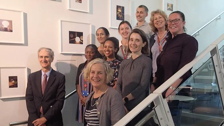 Back row L-R:  Dr Sabrina Bajwah, Dr Anna Peeler, Harry Watson, Professor Irene Higginson and Dr Katherine Bristowe. Middle row L-R: Dr Adejoke Oluyase, Nuhamin Gebre and Professor Katherine Sleeman. Front row L-R: Professor Eduardo Bruera and Professor Catherine Evans.