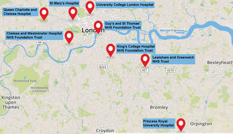 Map pinpointing locations in Greater London