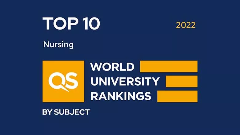 QS World University Rankings by Subject white and orange logo on blue background