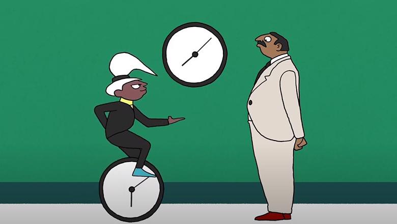 Child on a unicycle next to a clock and adult male