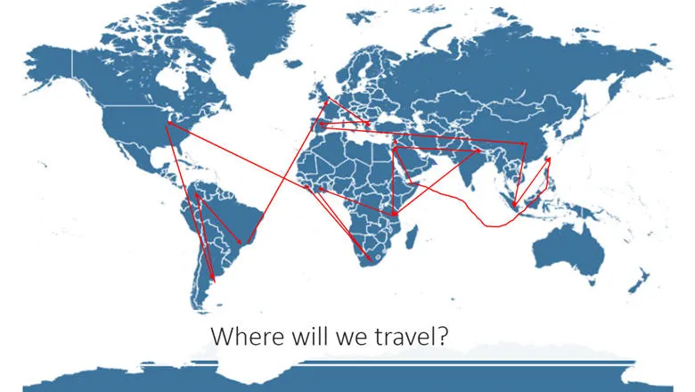Map of the world with red lines to show travel routes
