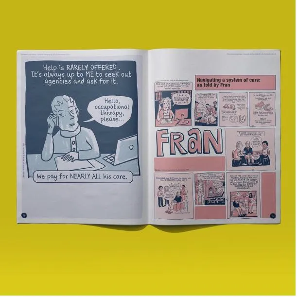 Newspaper-style cartoon with images and text showing experiences and thoughts from dementia journeys.