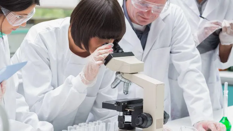Researchers looking into a microscope
