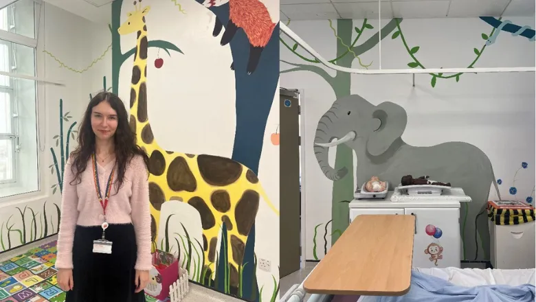 Artist and King's student, Ruby Morton, with her painted mural in Safari Ward. 