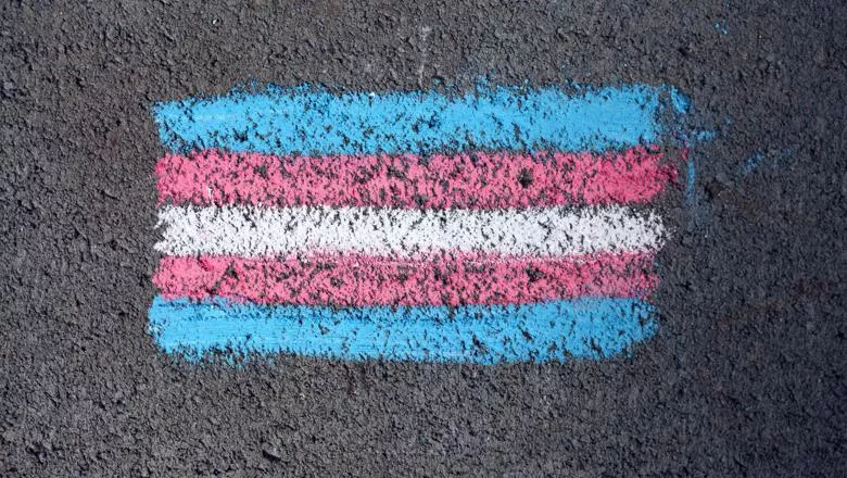 A trans pride flag drawn on pavement