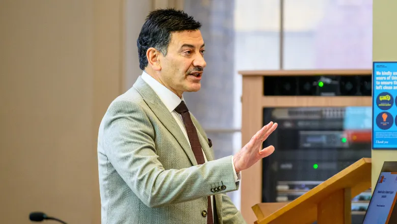 Professor Sir Bashir M. Al-Hashimi speaking at the inaugural Research Culture Symposium at King's in January 2025.