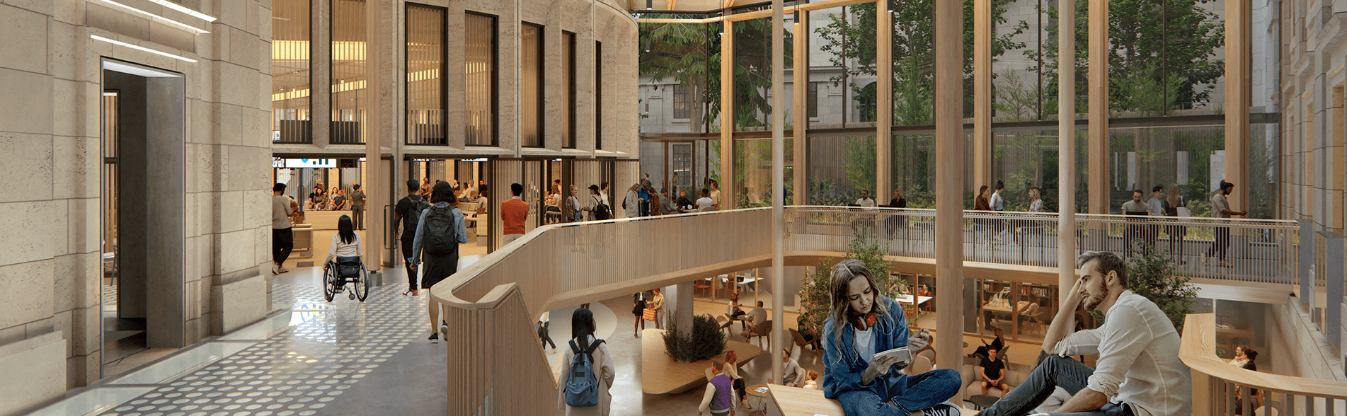 A vibrant interior scene showing people moving around a light-filled, modern space.