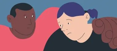 Illustration of two people, one looking sad, and the other with their arm around them looking concerned