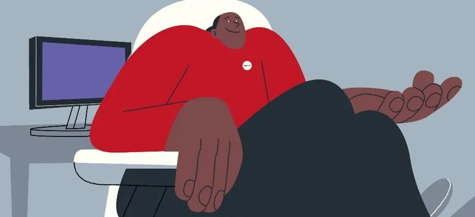 Illustration of healthcare professional sat on chair, in front of a desk with a computer on it