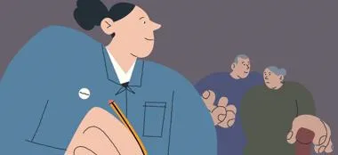 Illustration of healthcare professional writing, with a patient and their significant other in the background