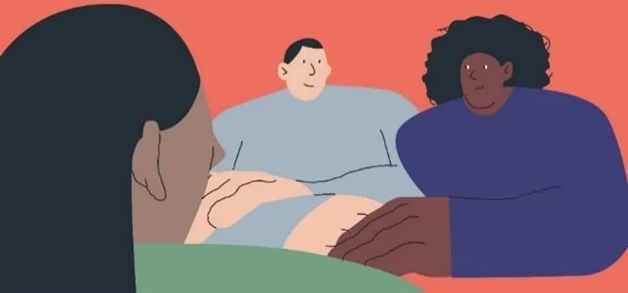 Illustration of a healthcare professional sitting opposite a patient and their significant other