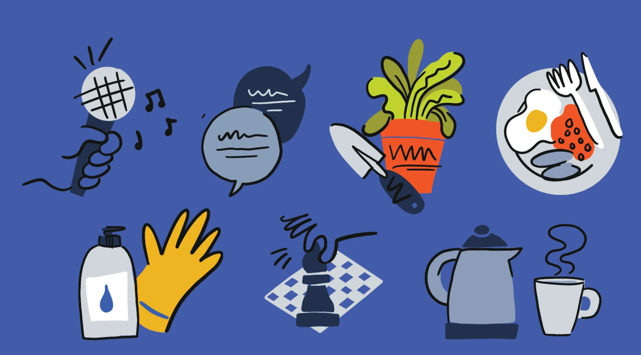 Various things including a chessboard and a kettle, a plate of food and a plant
