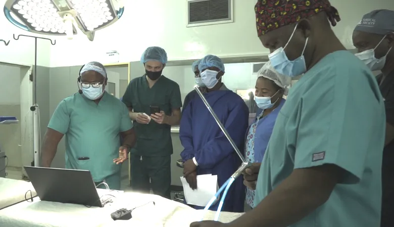 Surgeons in Zambia trying out the telementoring equipment with King's Global Health Partnerships