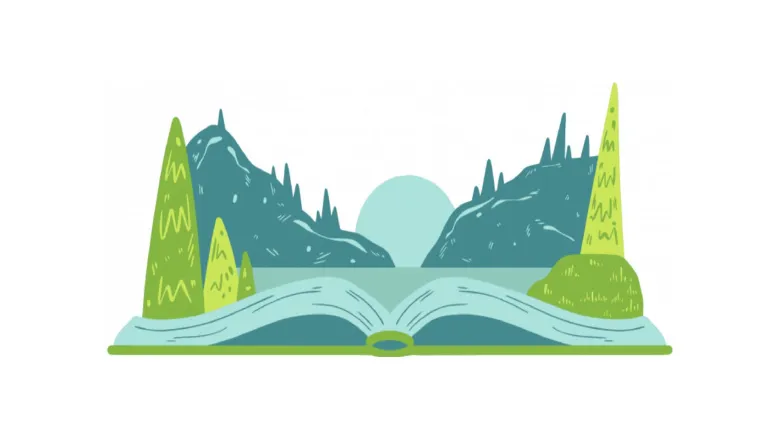 Book opening into nature graphic.