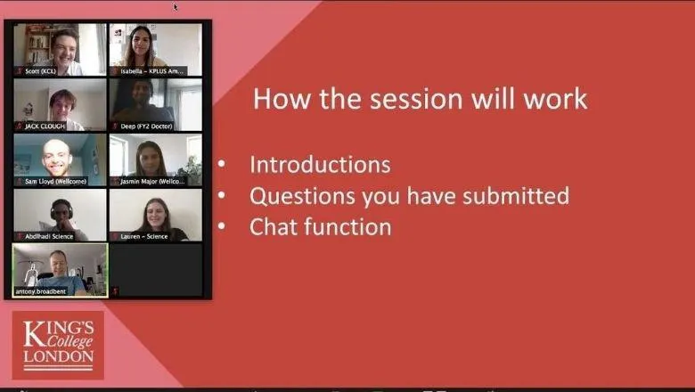 A screenshot of a presentation with participants on the left and a powerpoint slide on the right. Text says: How the session will work - introductions, questions you have submitted, chat function'