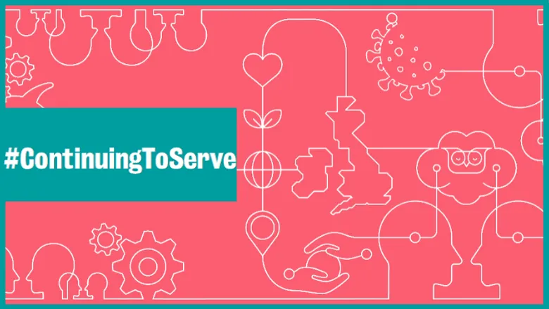 A white line drawing on a pink background, with a teal border. White text in a teal box on the left hand side reads #ContinuingToServe