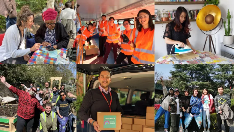 Collage of six images representing King's students, staff and alumni volunteering.