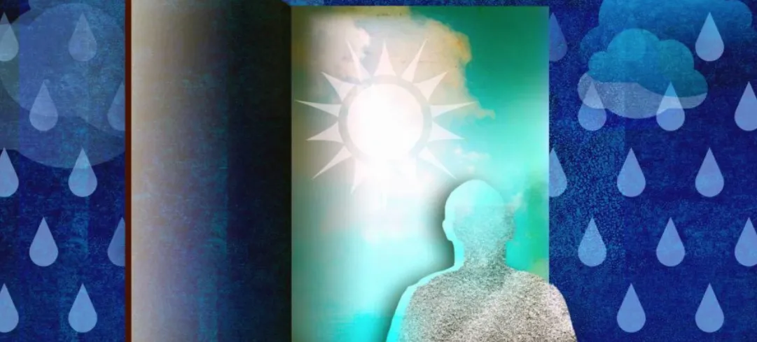 A graphic of person with sun and rain