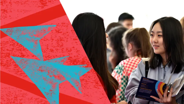 King's Volunteering visual on the left, with a photo of students talking